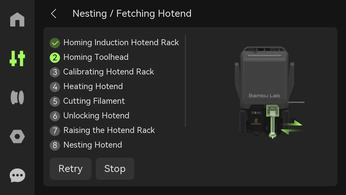 Skærmvisning af funktionen Aflæs alle hotends