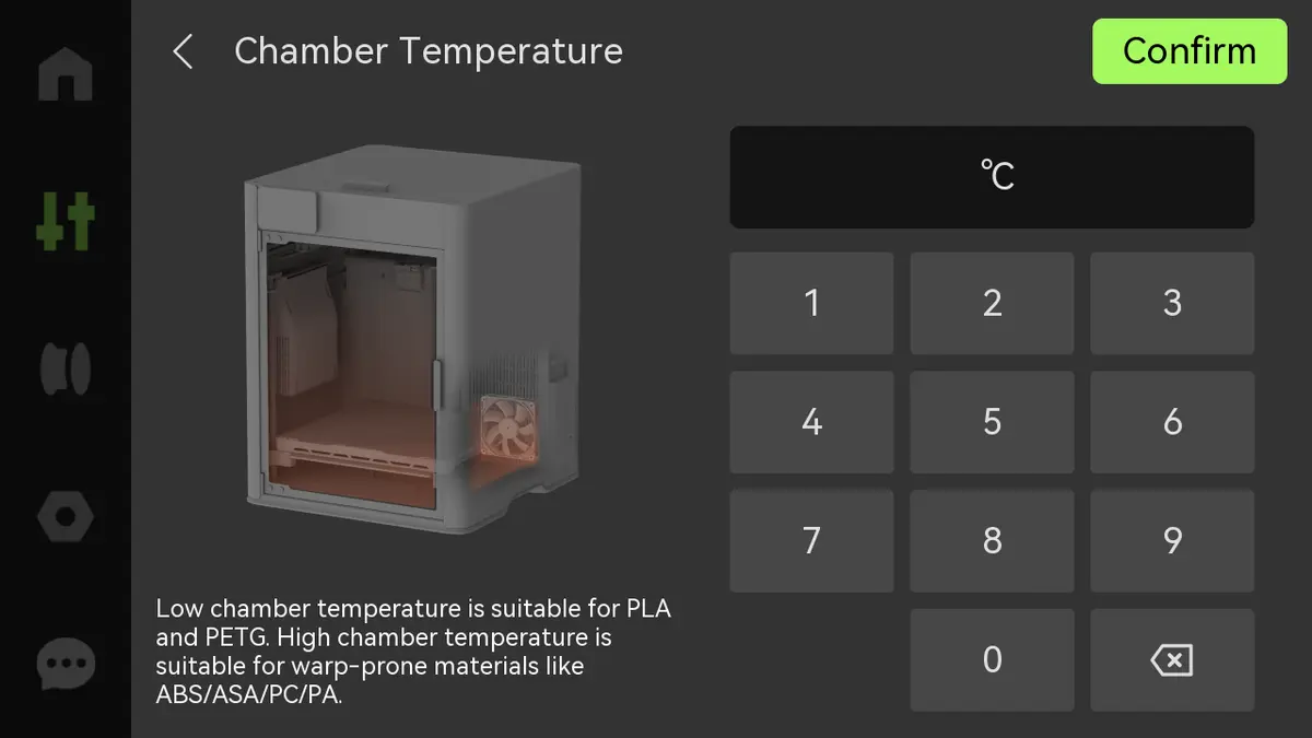 Skærmvisning af indstilling for kammertemperaturen
