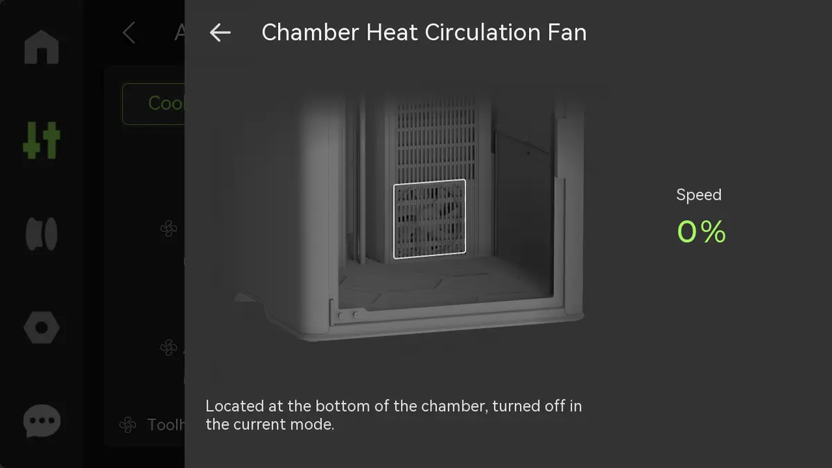 Skærmvisning af indstilling for kammerets varmecirkulationsventilator