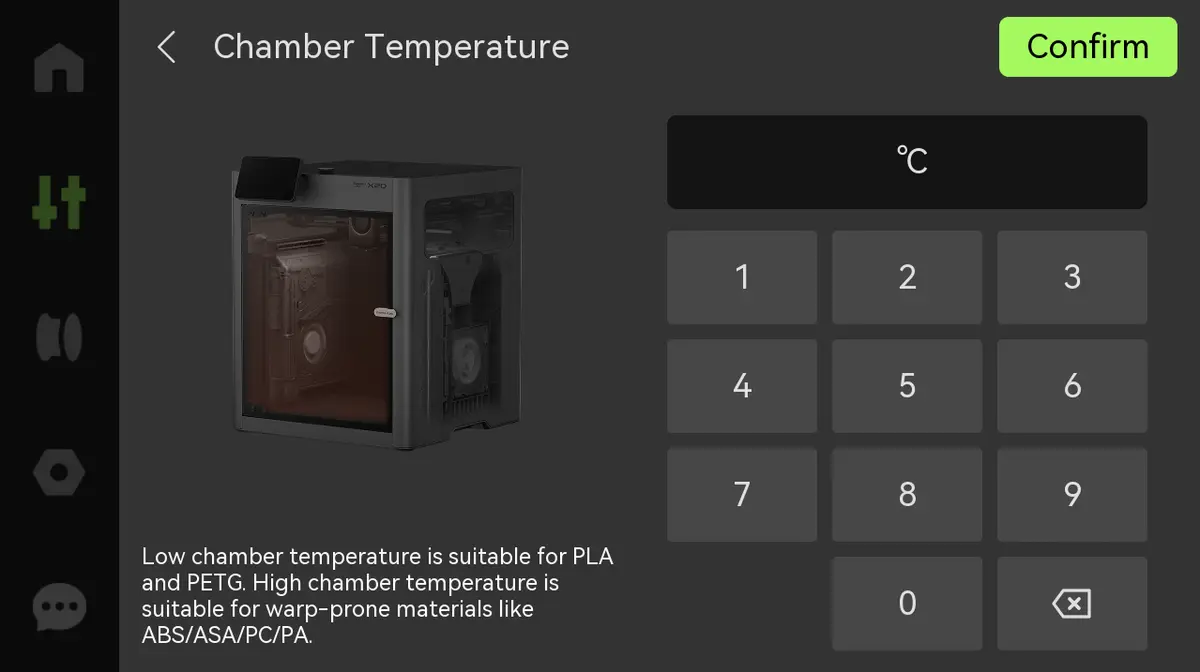 Indstilling af kammertemperatur på X2D-skærmen