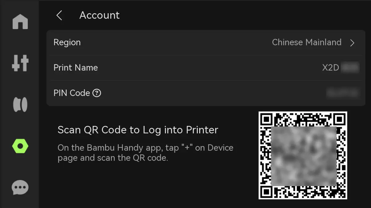 QR-kode på skærmen til adgang til konto via Bambu Handy