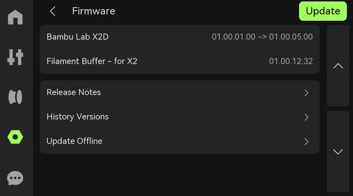 Firmware-indstillinger på X2D-skærmen med versionsoplysninger