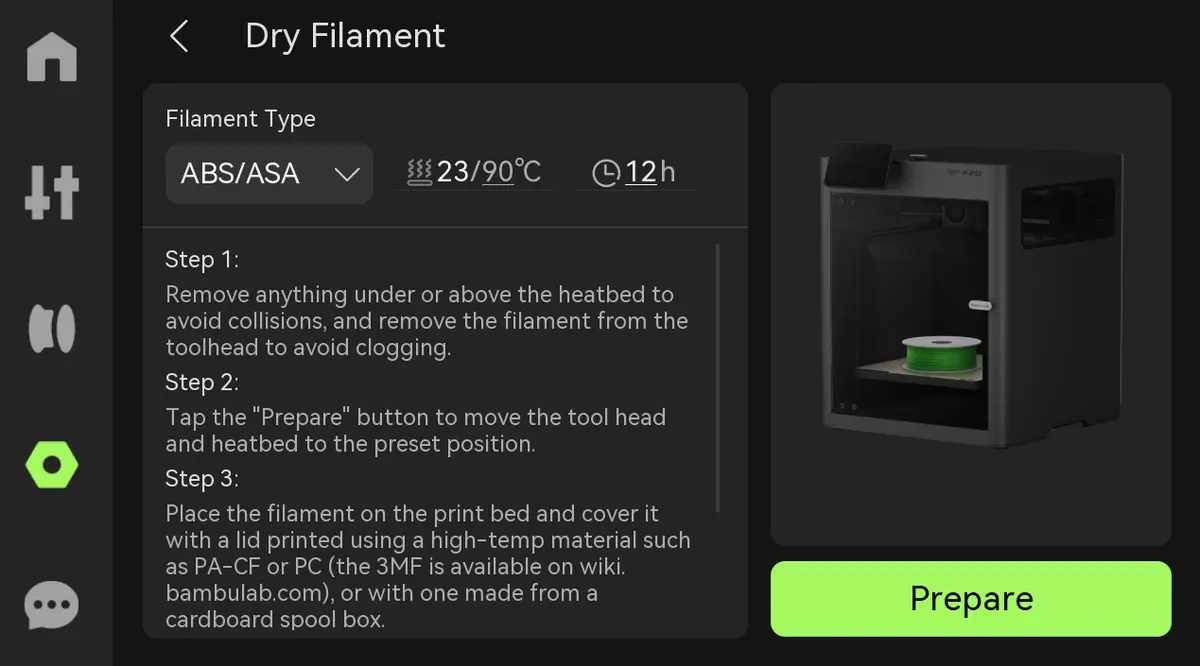 Funktionen Tør filament på X2D-skærmen
