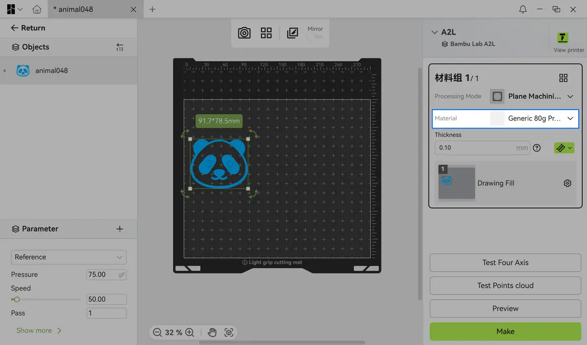 Vælg materialetype under Material i Bambu Suite