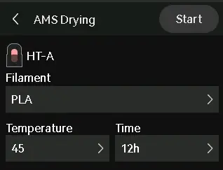 AMS-tørreside hvor filamenttype, temperatur og varighed indstilles