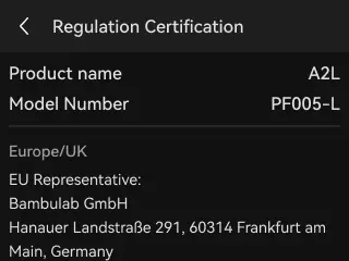 Certificeringsoplysninger på det elektroniske mærke for A2L