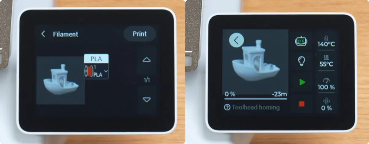 Vælg filament og tryk på Print for at starte