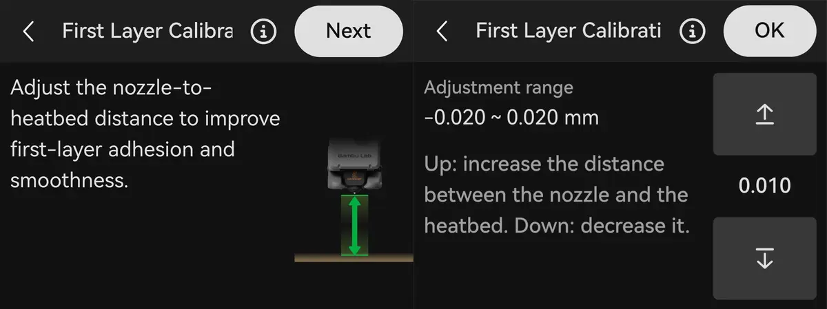 First Layer Calibration med justering af værdien i positiv retning