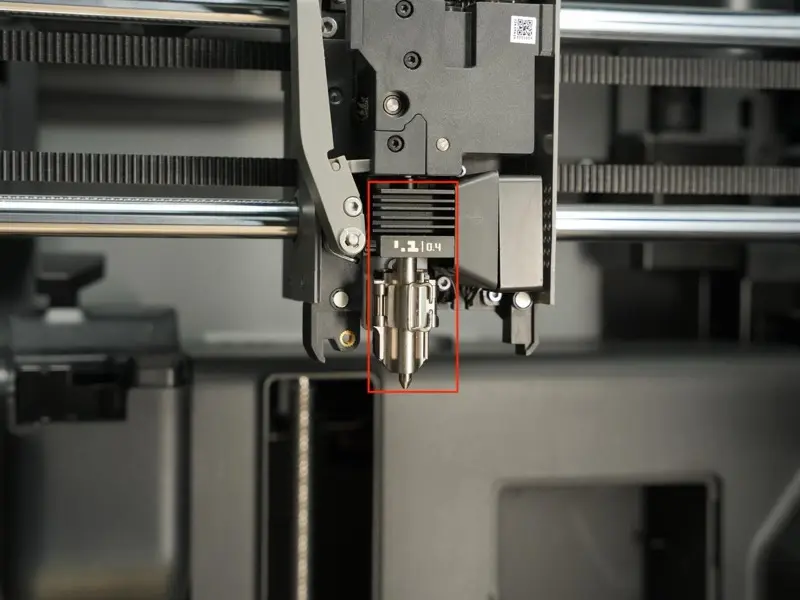 Hotend-enheden med dyse, varmebryder og varmelegeme på Bambu Lab P2S
