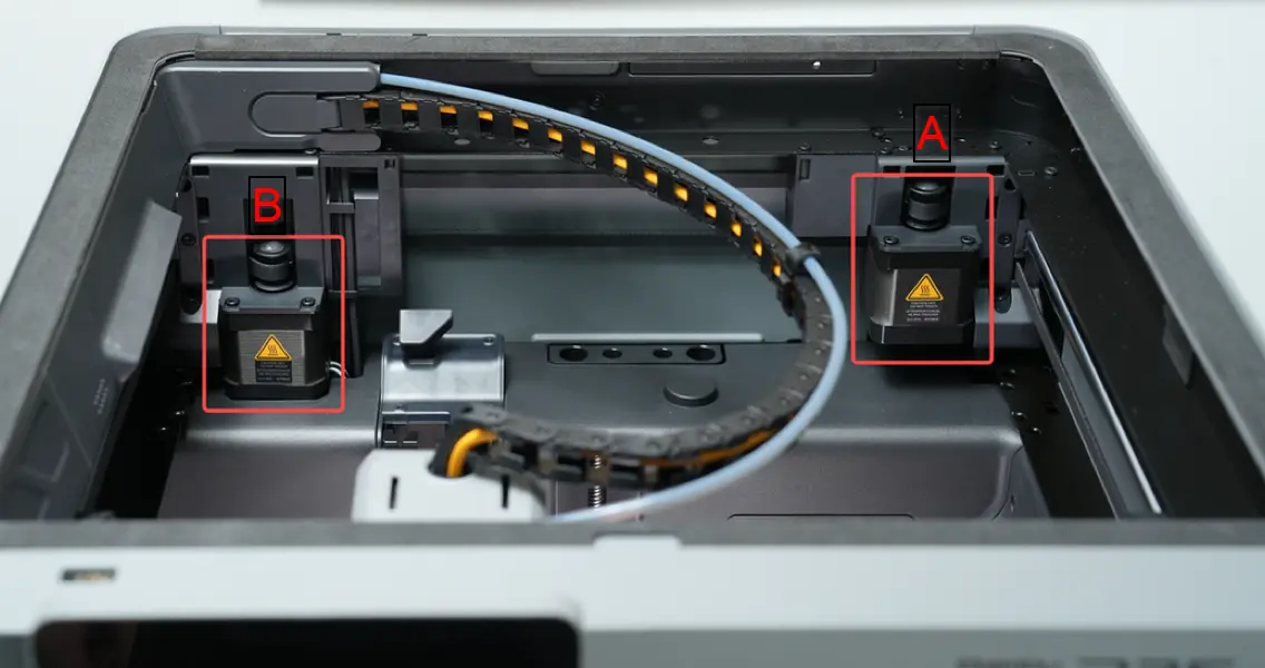 Oversigt over A- og B-motor placeret bag på P2S-printeren