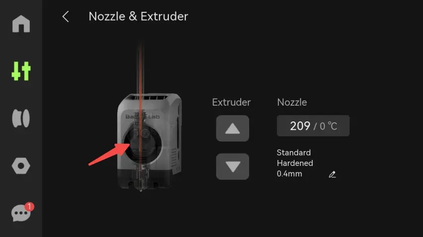 P2S ekstruder med rødt filament registreret af filamentsensoren