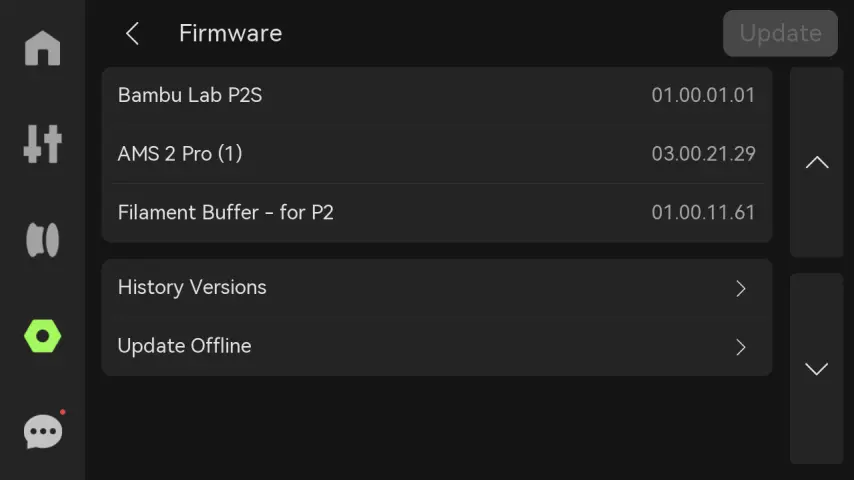 P2S firmware-indstillingsskærm med versionsoversigt og opdateringsknap