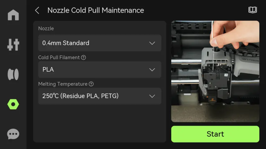 Cold pull-skærm på P2S med valg af parametre