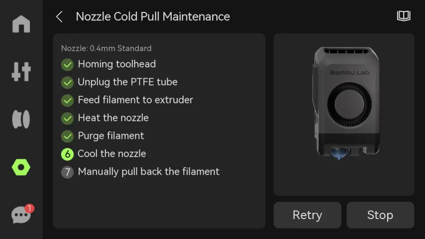 P2S skyller dysen automatisk under cold pull-processen
