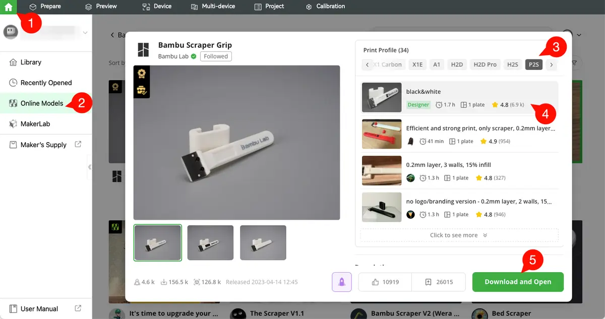 Vælg model i Bambu Studio og klik Download og åbn