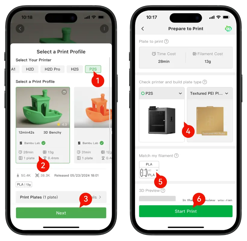 Vælg model i Bambu Handy og tryk Start print