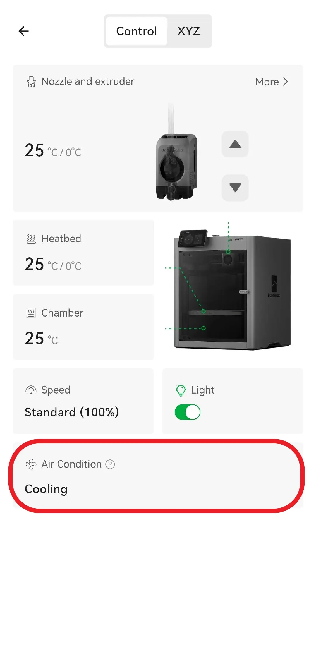 Bambu Handy app - ventilatorstyringsside