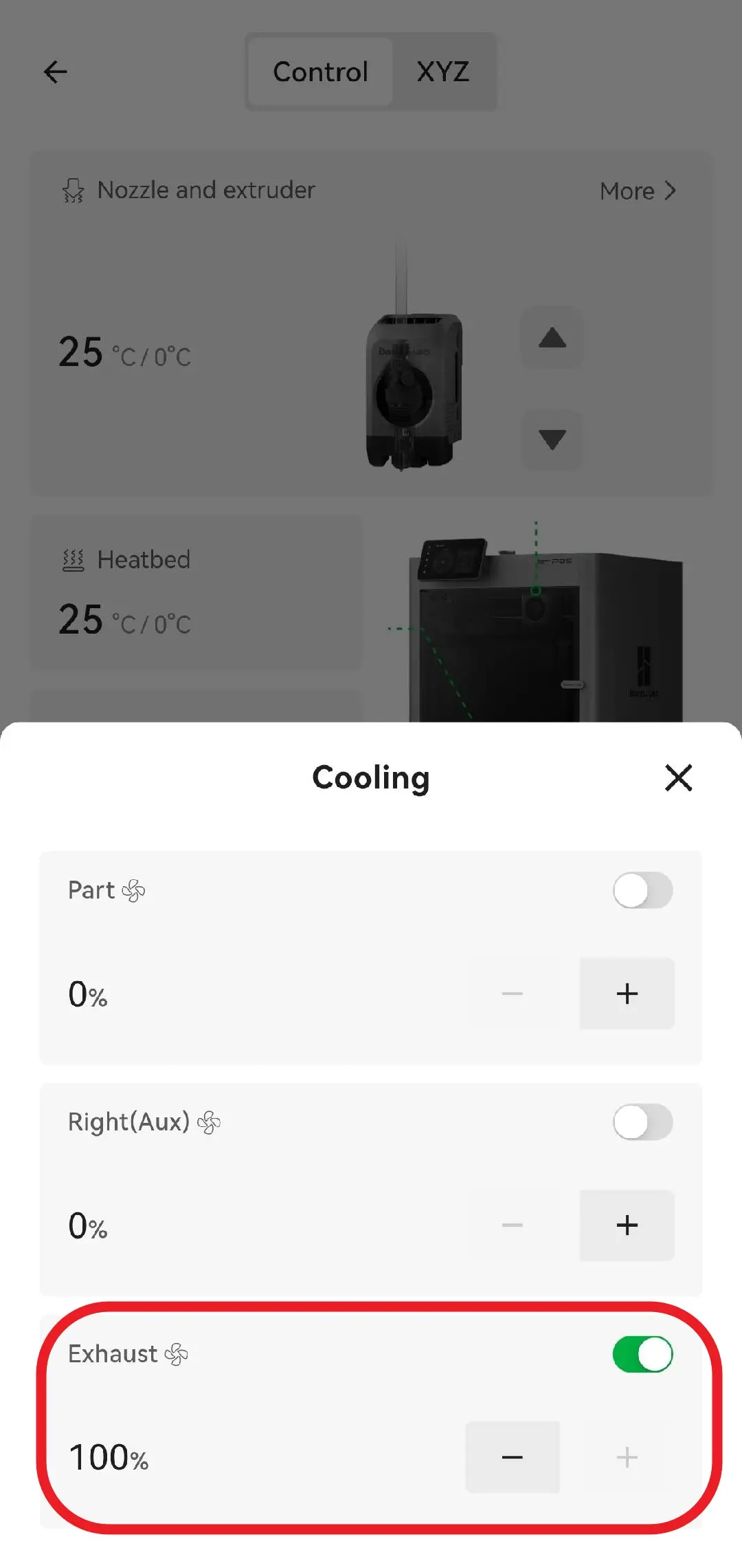 Bambu Handy app - ekstern udsugningsventilator aktiveret