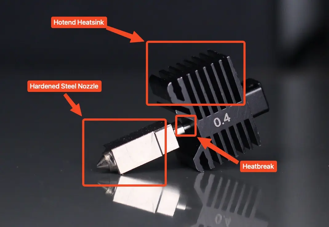 Illustration af X1's alt-i-et hotend-design med dyse og varmeblok