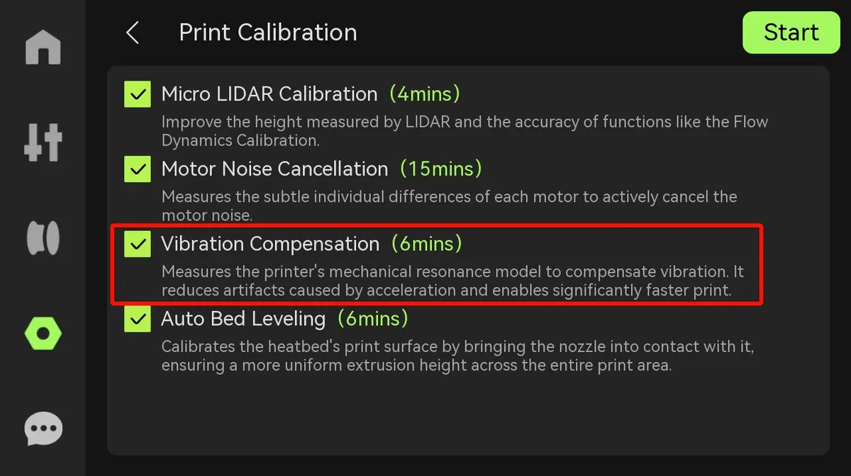 Kalibrering af vibrationskompensation via X1-skærmen