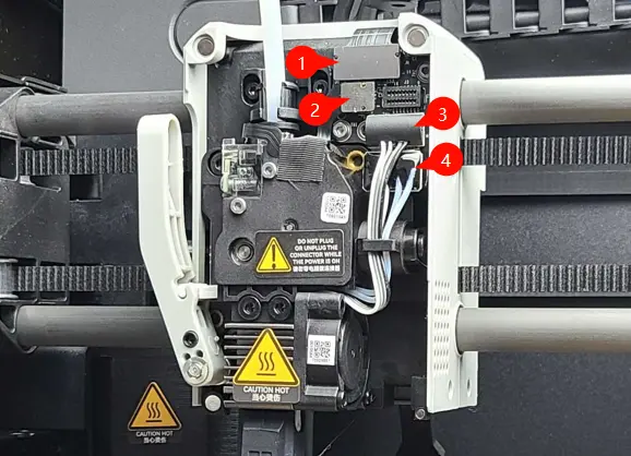 Toolhead-kabelplejningsdiagram for P1-serien med annoterede forbindelser