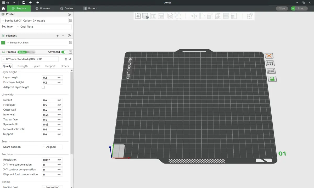Bambu Studios brugerflade med et 3D-model-projekt åbent