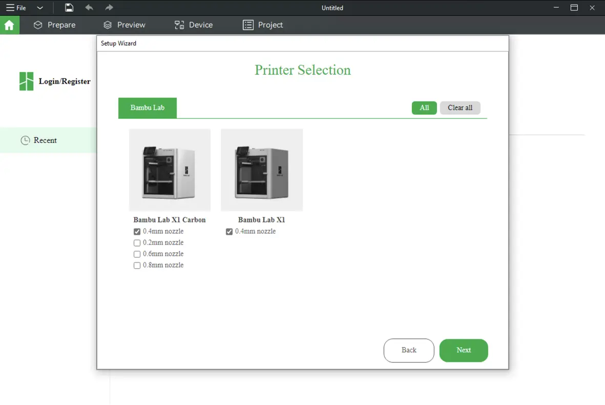 Bambu Studio opsætning - valg af printer og nozzle-type
