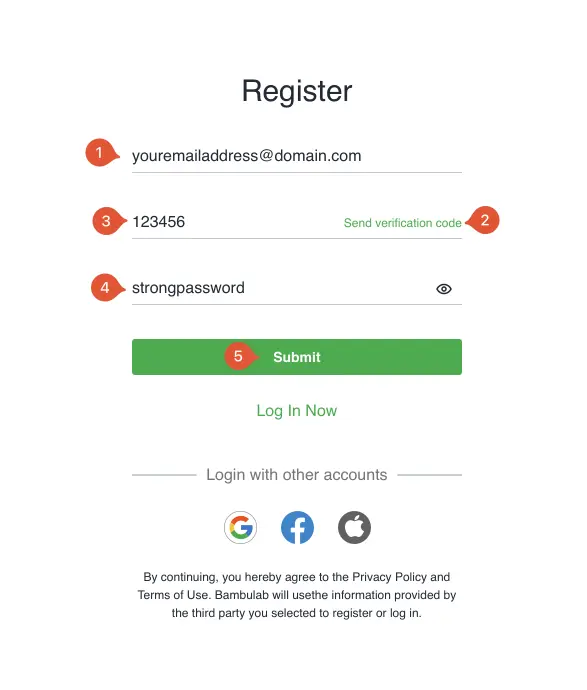 Bambu Studio - registreringsformular med verifikationskode