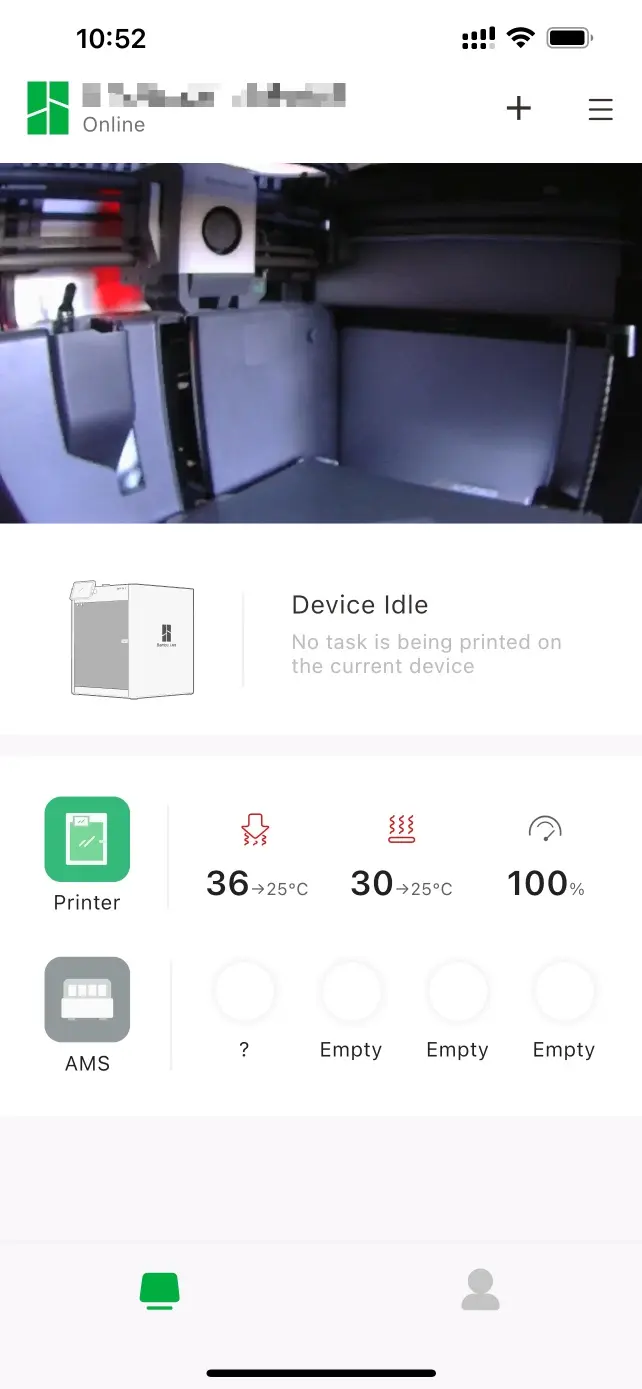 Bambu Handy app - printer tilknyttet og vist i oversigten