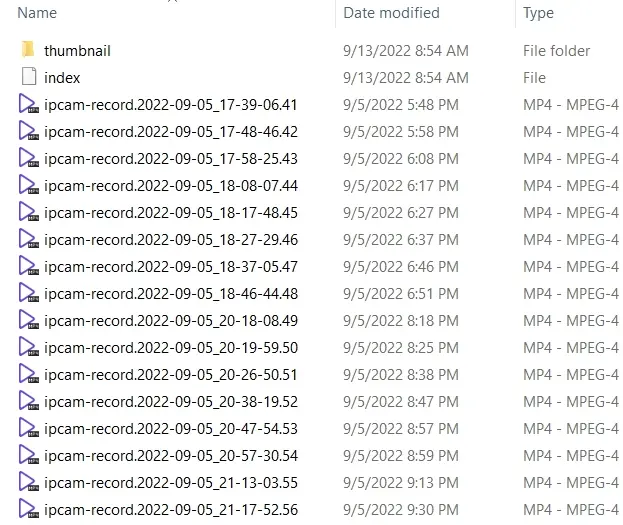 Videofilerne i ipcam-mappen opdelt efter tidsperiode