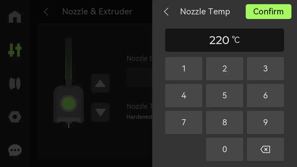 Skærm der viser temperaturindstilling for hotend