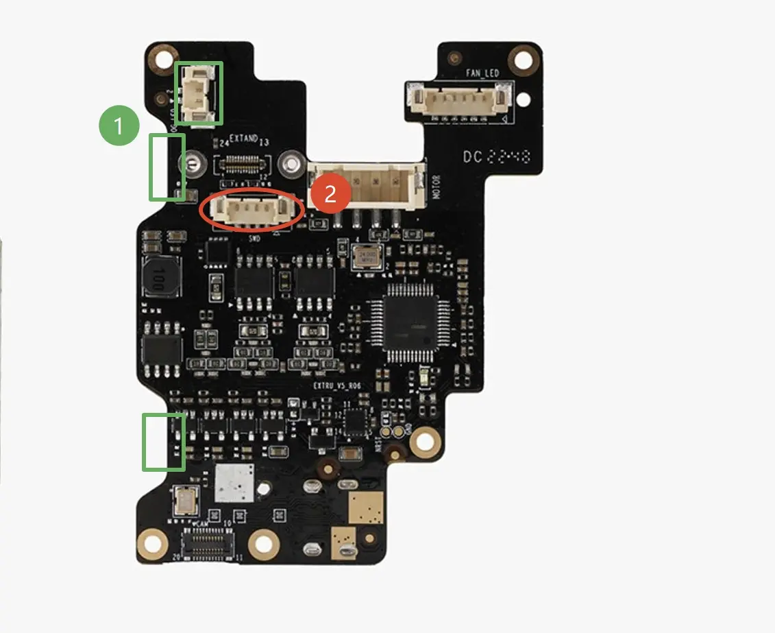 TH-board V9 kabeldiagram med teststik markeret