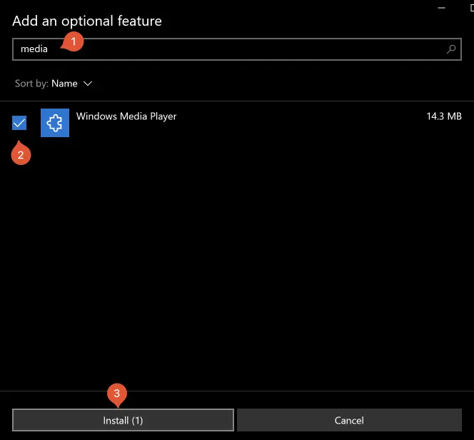 Windows Media Player valgt til installation i funktionslisten