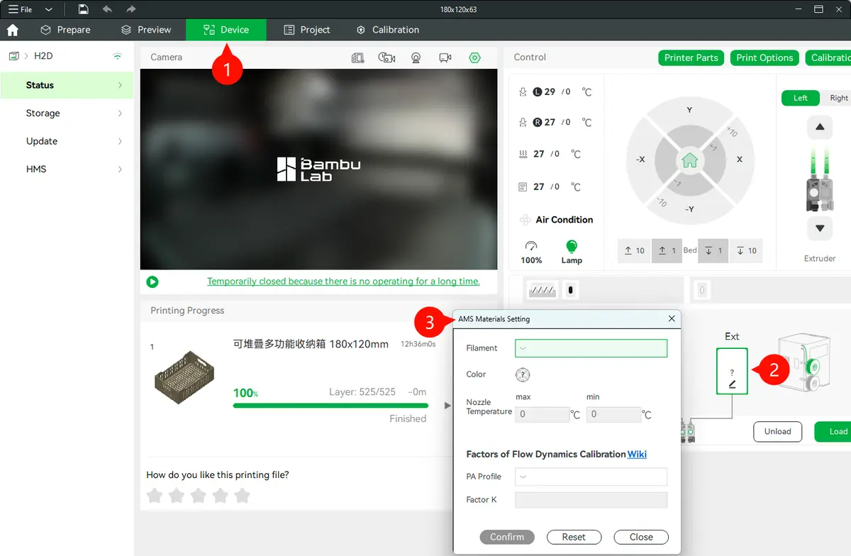 Filamentprofil tildeles spoleslot i Bambu Studios Enhedsfane og synkroniseres