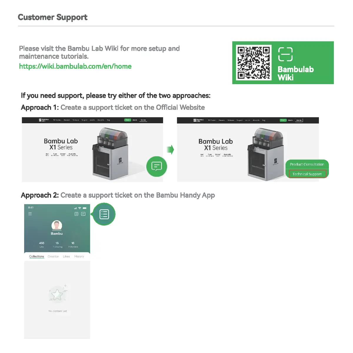 QR-kode og link til Bambu Lab support og wiki