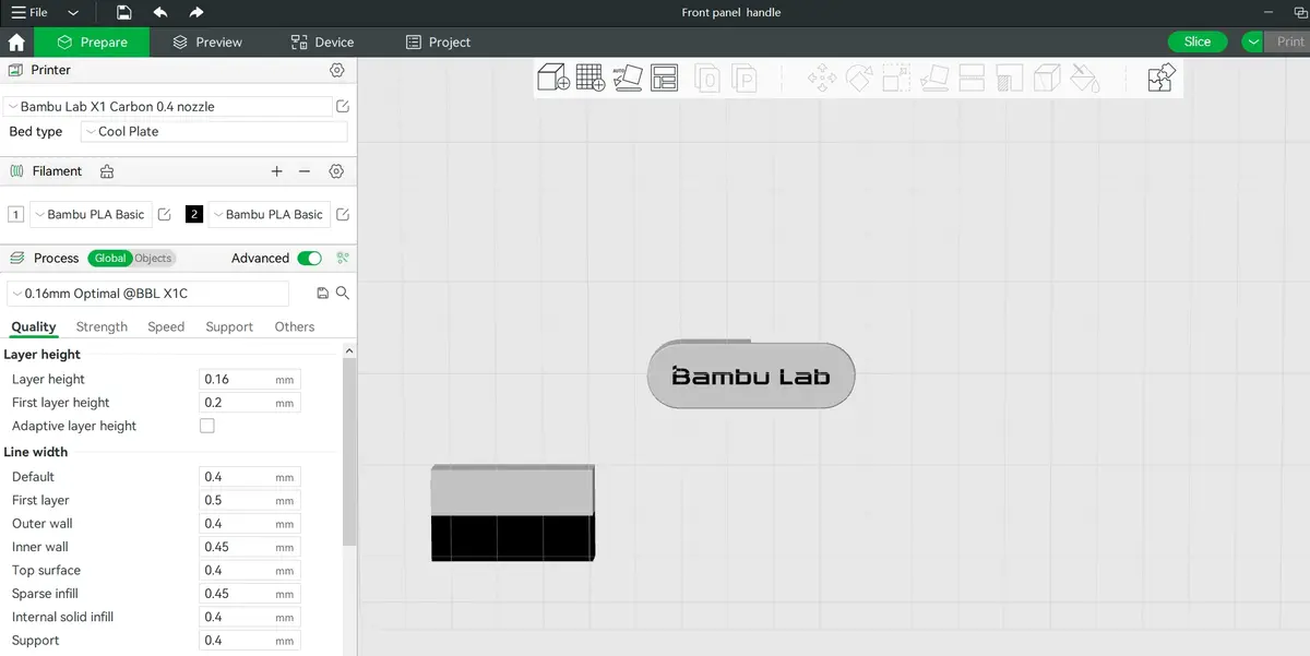 3D-printet erstatningshåndtag til frontpanelet på Bambu Lab X1
