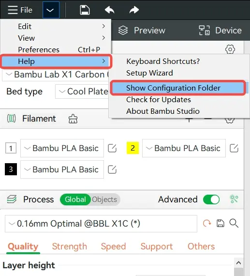 Bambu Studio menu med pil mod Help og Show configuration folder