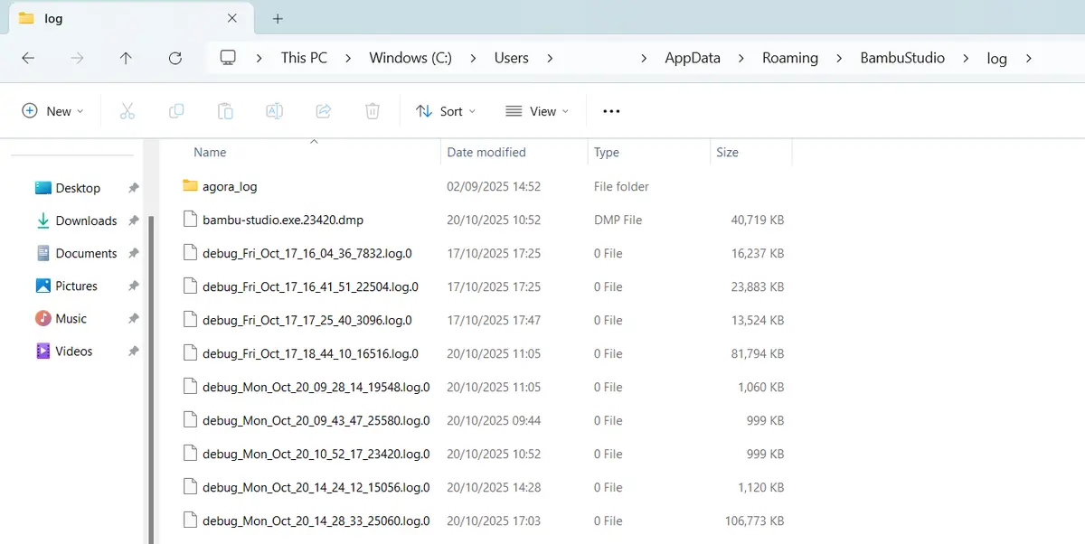 Logmappe i Windows Stifinder med liste af logfiler