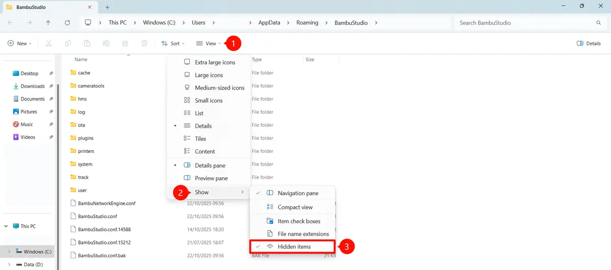 Windows Stifinder med mulighed for at vise skjulte elementer aktiveret