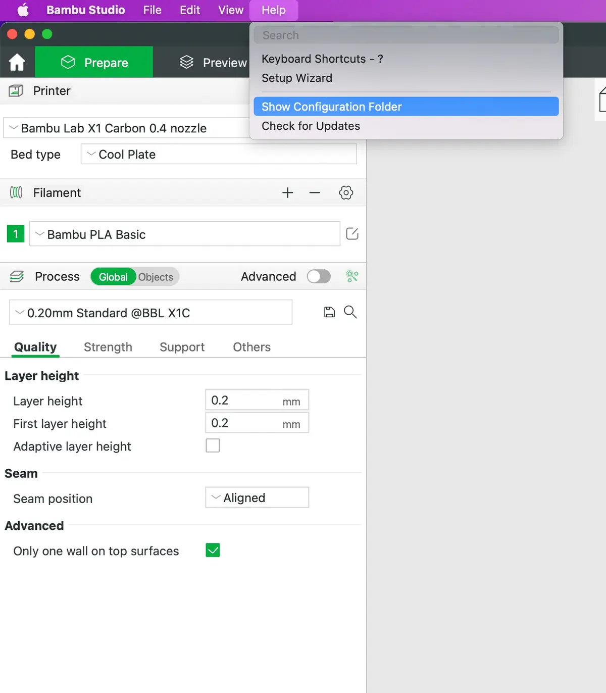 Bambu Studio Help-menu paa Mac med Show Configuration Folder fremhaeevet