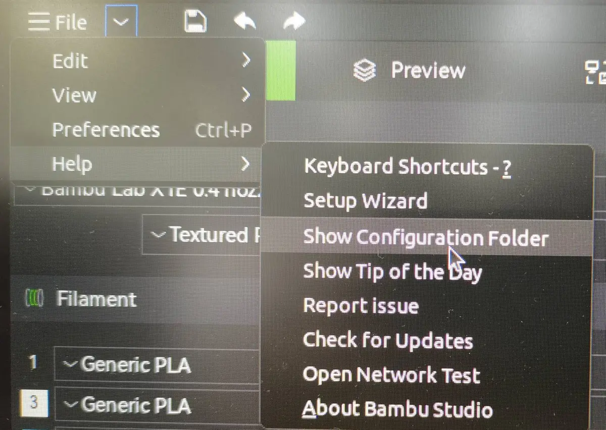Bambu Studio Help-menu paa Linux med Show Configuration Folder
