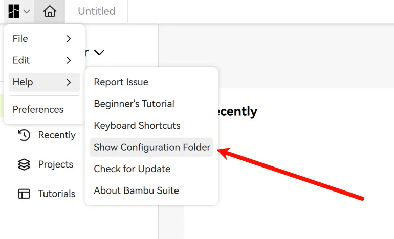 Bambu Suite menu med pil mod Help og Show configuration folder