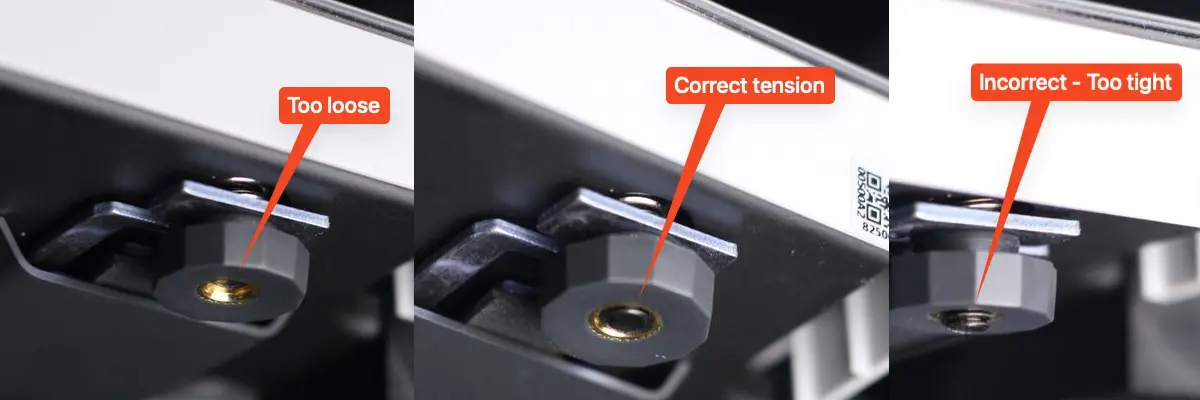 Bed leveling-knapper spændt korrekt til referenceposition