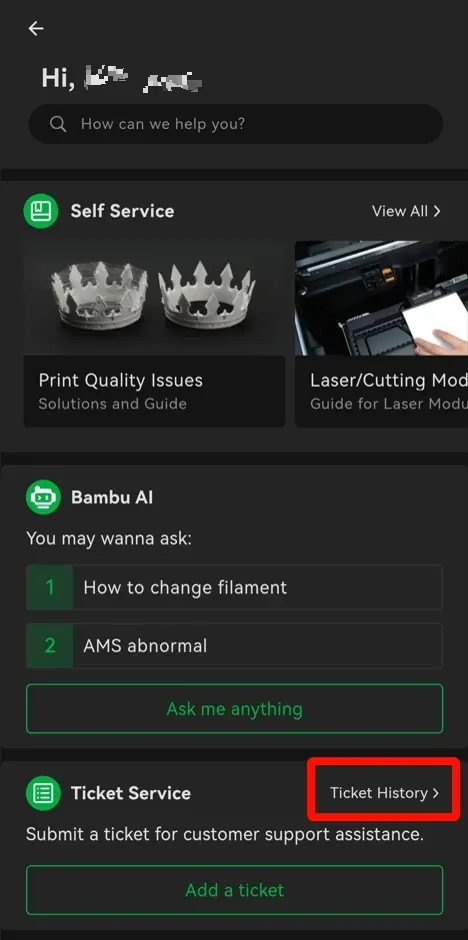 Bambu Handy-appen - Sagshistorik