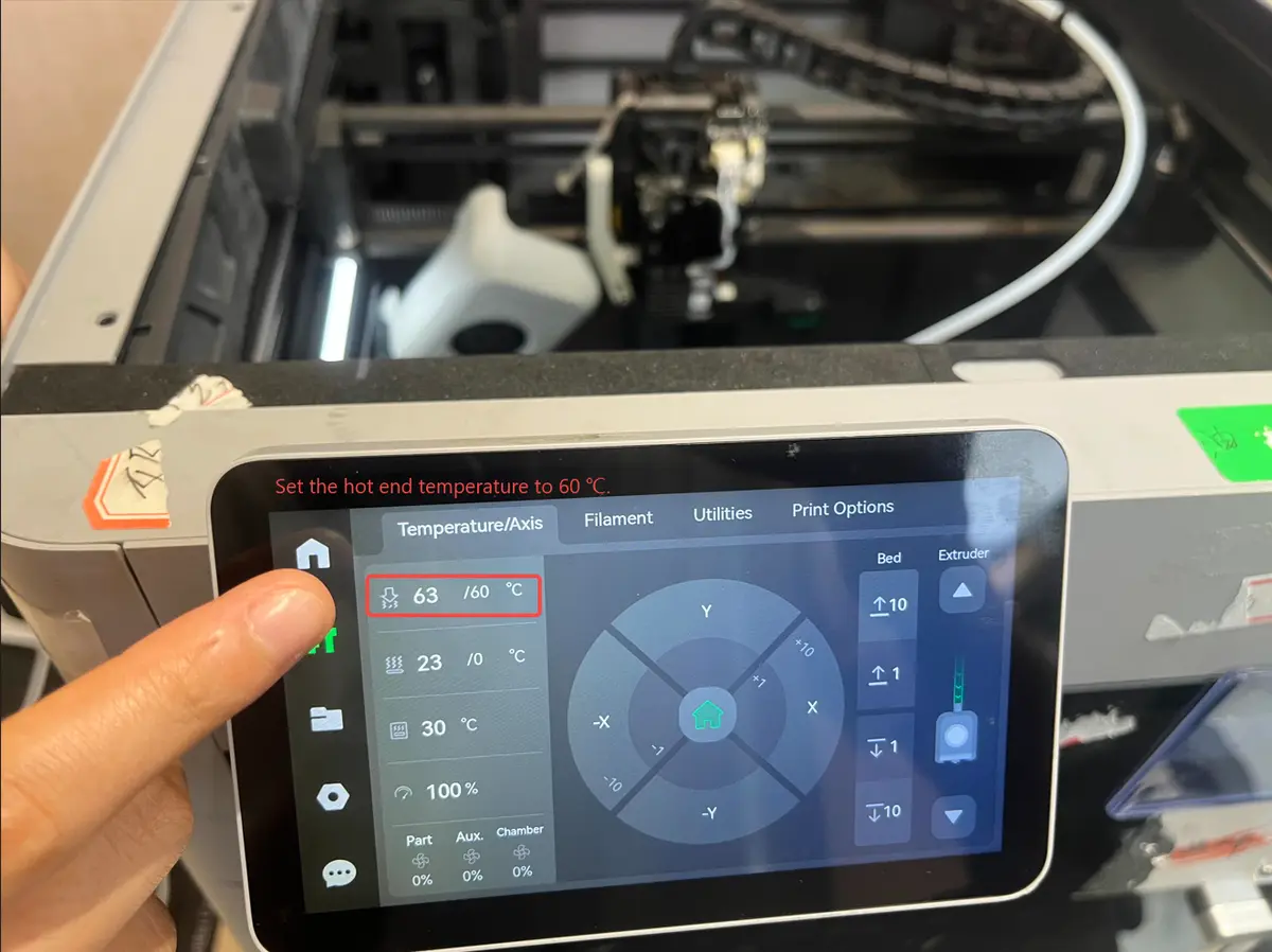 Indstil hotend-temperaturen til 60 grader C for at teste ventilatorstart