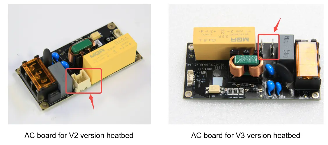 AC-kortkompatibilitet for Heatbed Unit V2 og V3