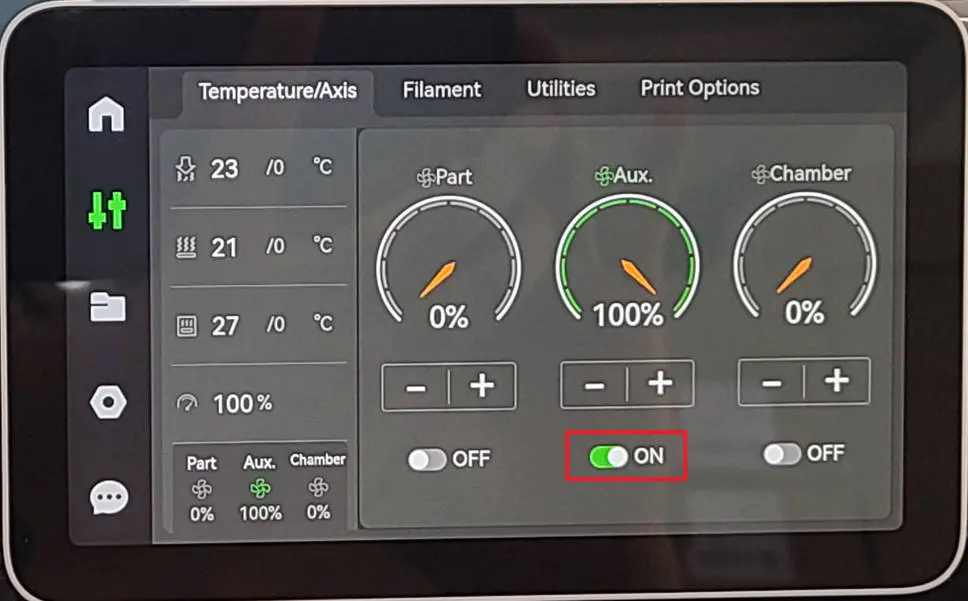Tænd hjælpedel-kølingsventilator og bekræft at den fungerer korrekt