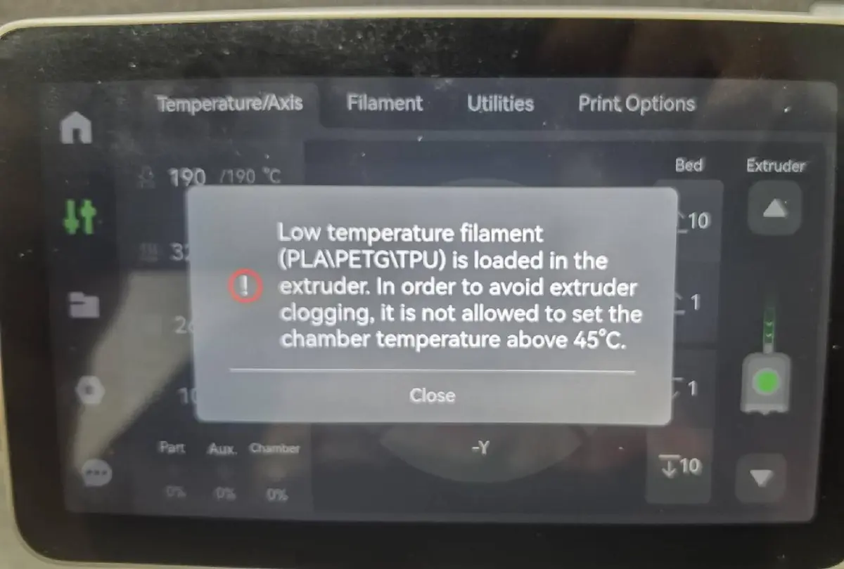 Begrænset temperaturinterval med lavtemperaturfilament i hot end