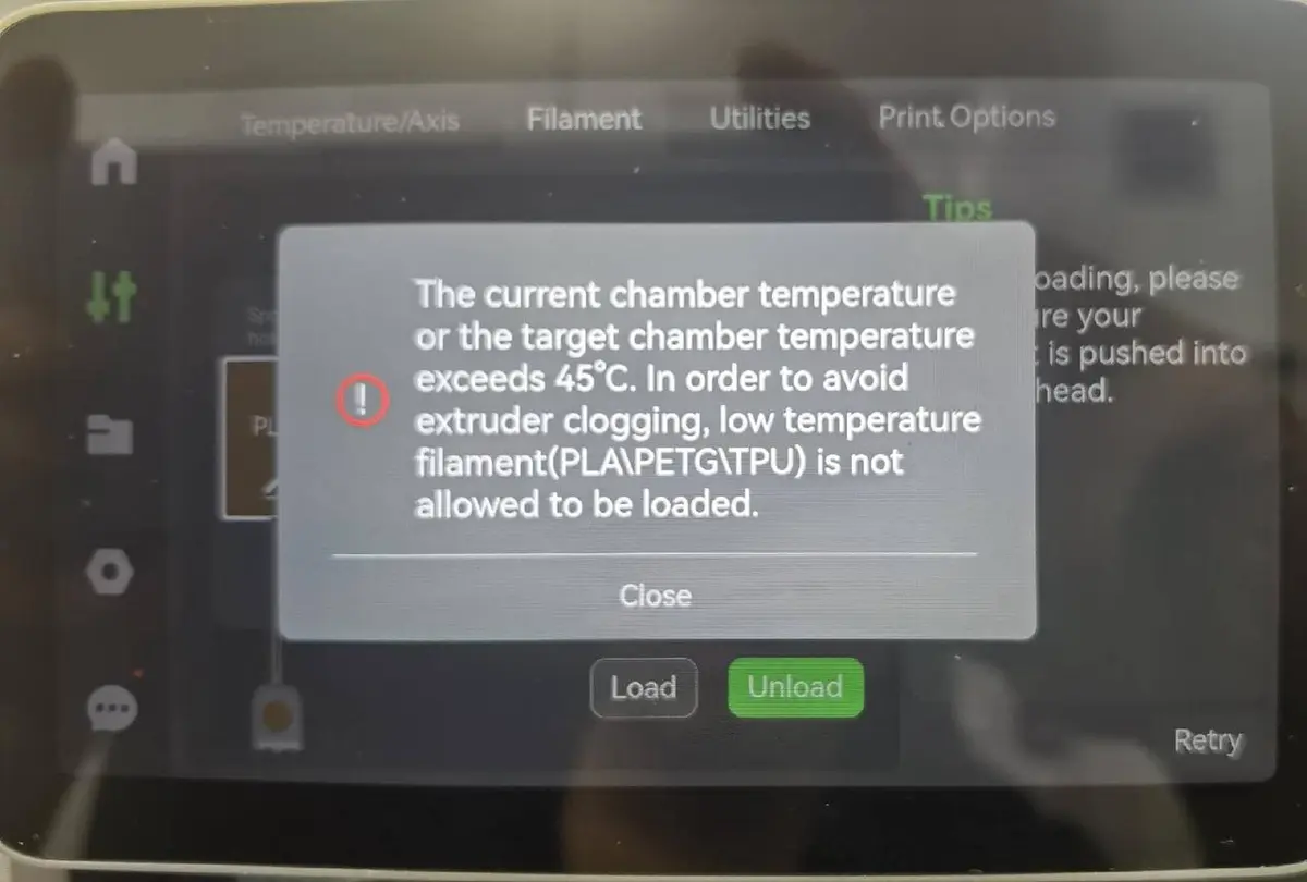 Advarsel: Ingen indlæsning af lavtemperaturfilament over 45 grader
