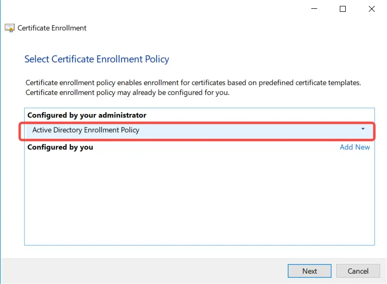Valg af Active Directory-registreringspolitik i certifikatregistreringsguiden